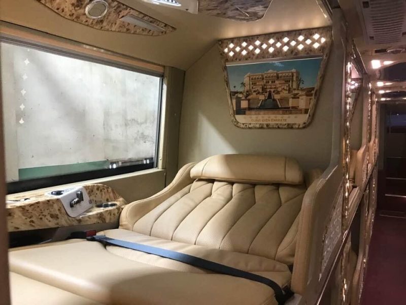 Luxurious cabin interior with leather seats and modern amenities on the Sao Viet Open Tour bus from Hanoi to Sapa