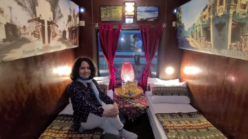 Luxurious cabin interior with leather seats and modern amenities on the Family Express Train Hanoi to Lao Cai Sapa