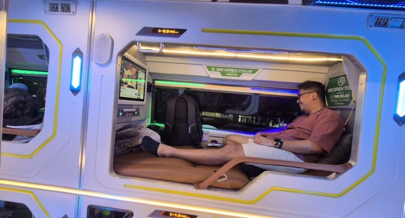 Comfortable private cabin on HK Open Tour bus from Hanoi to Sapa