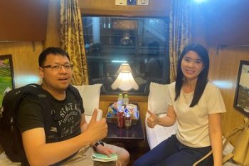Luxurious cabin interior with leather seats and modern amenities on the Sapaly Express Train Hanoi to Lao Cai Sapa