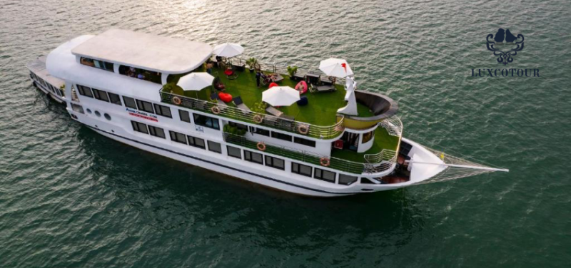 Aerial view of Alova Premium Cruise on Ha Long Bay