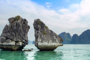 Rock formations in Ha Long Bay resembling a pair of roosters, also known as the 