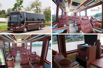 16-seater Felix Limousine for Hanoi to Halong Bay transfer, showcasing exterior view and luxurious interior seats