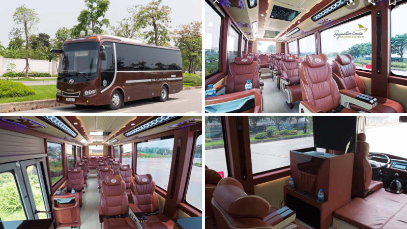 16-seater Felix Limousine for Hanoi to Halong Bay transfer, showcasing exterior view and luxurious interior seats