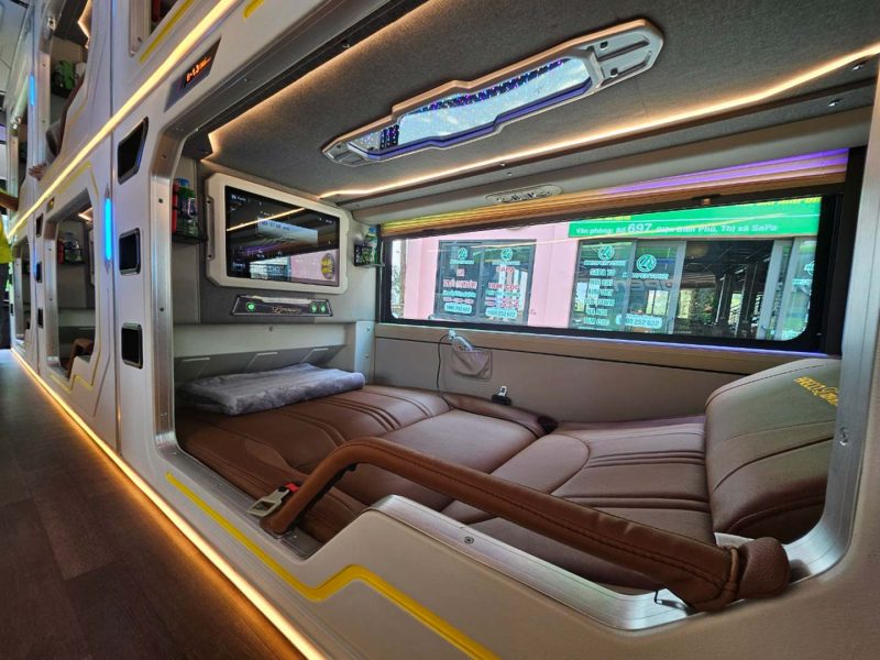 Luxurious reclining seats with modern amenities on HK Open Tour bus from Hanoi to Sapa