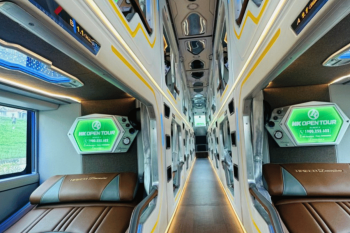 Luxurious interior of HK Open Bus with modern amenities from Hanoi to Sapa