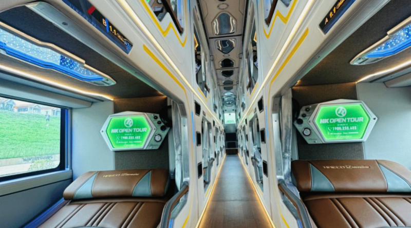 Luxurious interior of HK Open Bus with modern amenities from Hanoi to Sapa