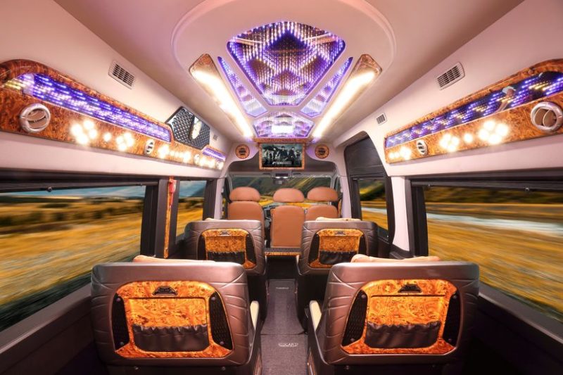Luxurious and illuminated interior of a limousine van for tours from Hanoi to Ha Long Bay