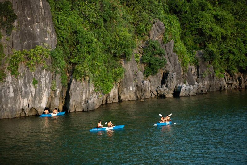 Tourists kayaking along the lush limestone cliffs of Ha Long Bay, enjoying the natural beauty and adventure offered by Peony Cruise