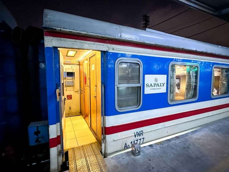 Luxurious cabin interior with leather seats and modern amenities on the Sapaly Express Train Hanoi to Lao Cai Sapa