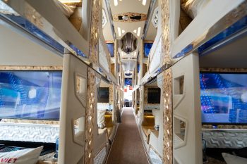 Luxurious cabin interior with leather seats and modern amenities on the Sao Viet Open Tour bus from Hanoi to Sapa