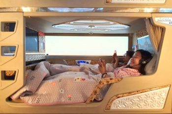 Luxurious cabin interior with leather seats and modern amenities on the Sao Viet Open Tour bus from Hanoi to Sapa