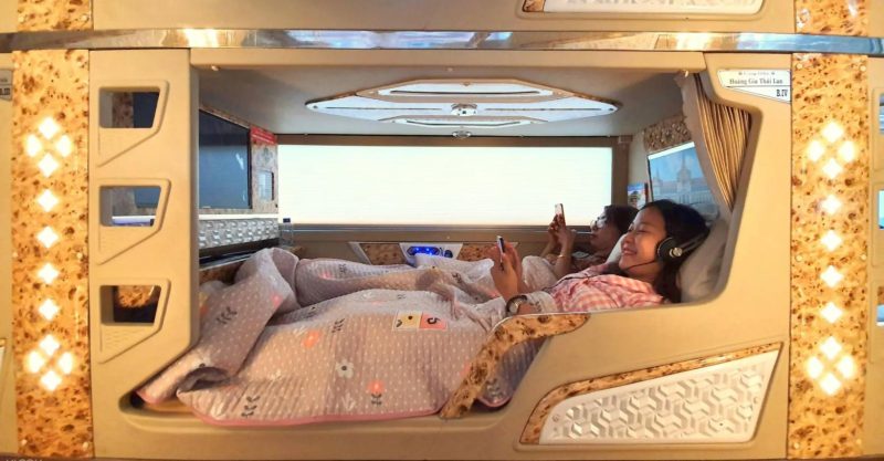 Luxurious cabin interior with leather seats and modern amenities on the Sao Viet Open Tour bus from Hanoi to Sapa