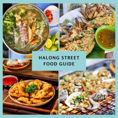Enjoying delicious street food in Ha Long Bay - Luxco Travels, Ha Long Bay tours, Vietnam, local cuisine.