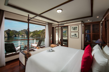 Luxurious bedroom with ocean view on Heritage Cruise Binh Chuan in Ha Long Bay