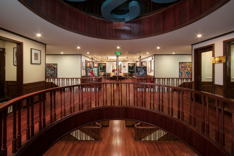 Interior of Heritage Cruise Binh Chuan with elegant art gallery