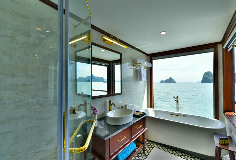 Luxurious bathroom with ocean view on Heritage Cruise Binh Chuan