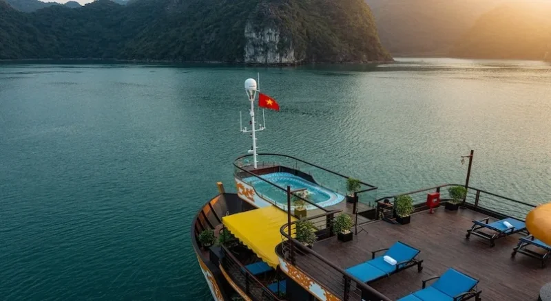 Luxurious deck with a swimming pool on Nostalgia Cruise in Ha Long Bay