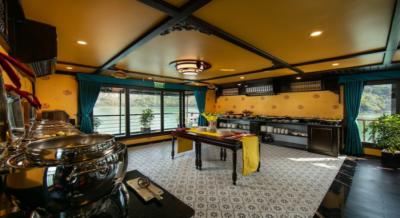 Luxurious dining area on Nostalgia Cruise with Ha Long Bay view