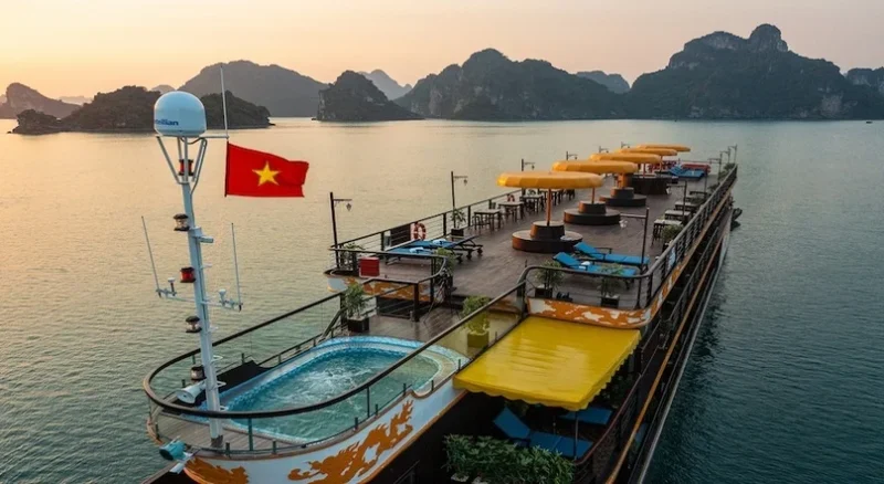 Sunset view from the deck of Nostalgia Cruise in Ha Long Bay