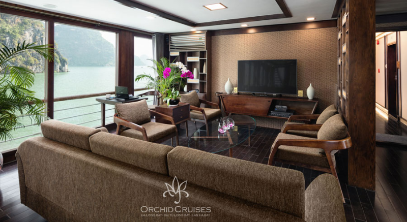 Luxurious living area on Orchid Classic Cruise in Ha Long Bay