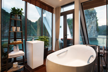 Stellar of Seas Cruise Departure Halong International Pier luxurious bathroom bathtub sea view cruise ship Vietnam tour private trip transfer car Halong Bay tours Luxco Travel