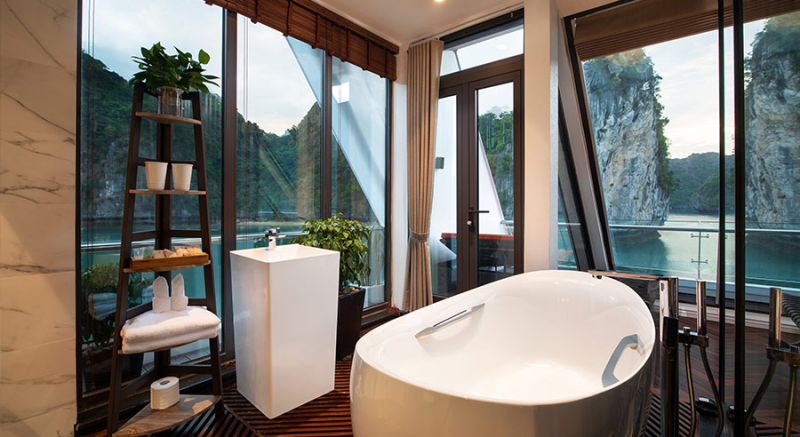 Stellar of Seas Cruise Departure Halong International Pier luxurious bathroom bathtub sea view cruise ship Vietnam tour private trip transfer car Halong Bay tours Luxco Travel