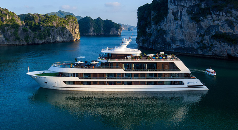 Stellar of Seas Cruise Departure Halong International Pier large cruise ship sunrise sea travel activities Vietnam tour private trip transfer car Halong Bay tours Luxco Travel
