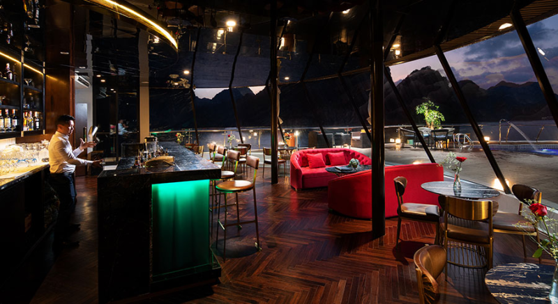 Stellar of Seas Cruise Departure Halong International Pier bar counter cocktails cruise ship Vietnam tour private trip transfer car Halong Bay tours Luxco Travel