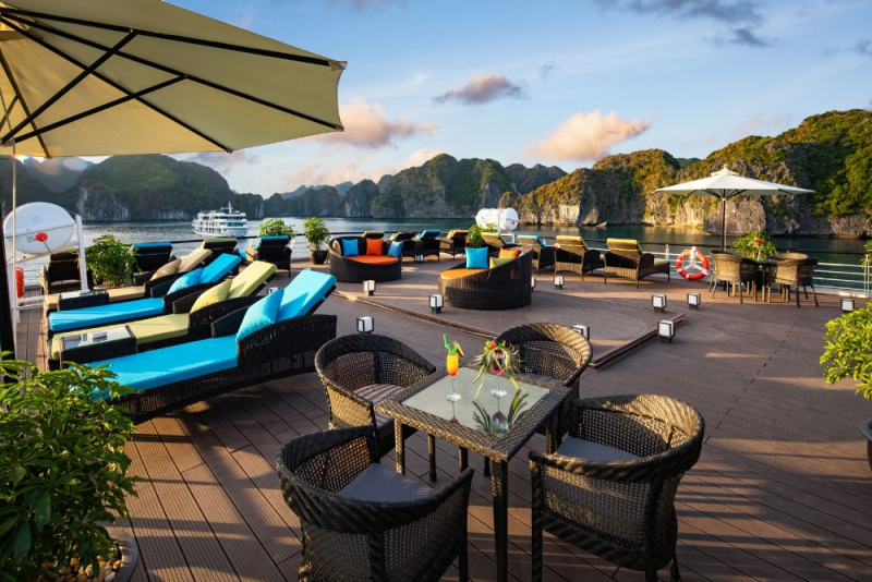 Stellar of the Seas Cruise sunbathing area cocktail lounge spacious cabin Vietnam tour private trip transfer car Halong Bay tours Luxco Travel