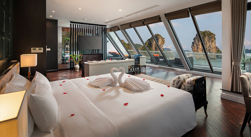 Stellar of Seas Cruise Departure Halong International Pier highest deck double room balcony glass view cruise ship Vietnam tour private trip transfer car Halong Bay tours Luxco Travel