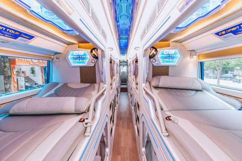 Luxurious cabin interior with leather seats and modern amenities on the G8 Open Tour bus from Hanoi to Sapa