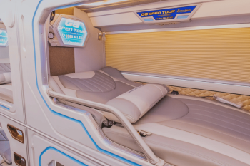 Luxurious cabin interior with leather seats and modern amenities on the G8 Open Tour bus from Hanoi to Sapa