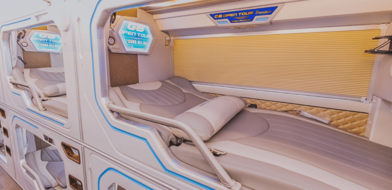 Luxurious cabin interior with leather seats and modern amenities on the G8 Open Tour bus from Hanoi to Sapa