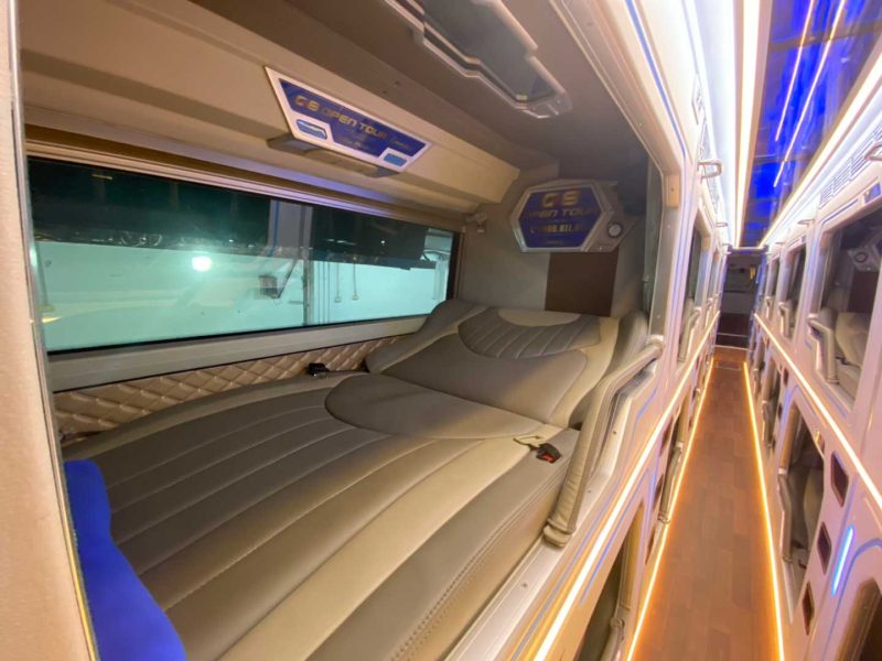 Luxurious cabin interior with leather seats and modern amenities on the G8 Open Tour bus from Hanoi to Sapa
