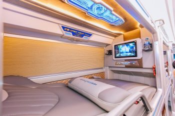 Luxurious cabin interior with leather seats and modern amenities on the G8 Open Tour bus from Hanoi to Sapa